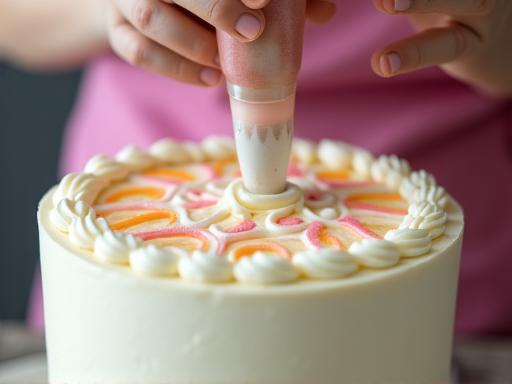 Close-up of a person piping icing onto a cake