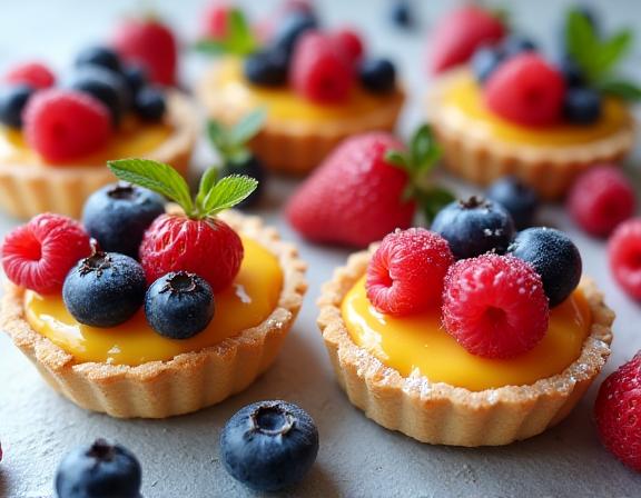 Assorted vibrant berry tarts with custard filling