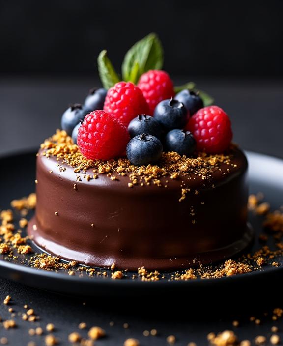 Rich chocolate fondant cake with gold leaf and fresh berries