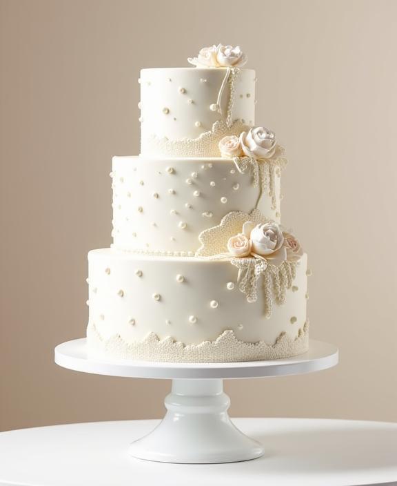 An elegant multi-tier wedding cake with delicate fondant details