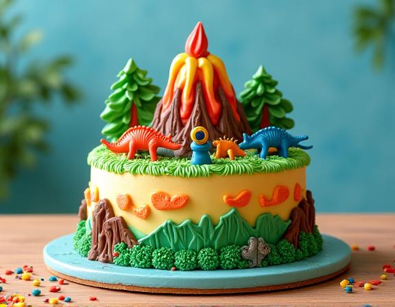A fun dinosaur-themed birthday cake for a child's celebration