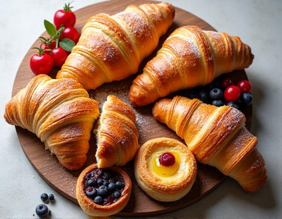 An assortment of flaky croissants and danishes