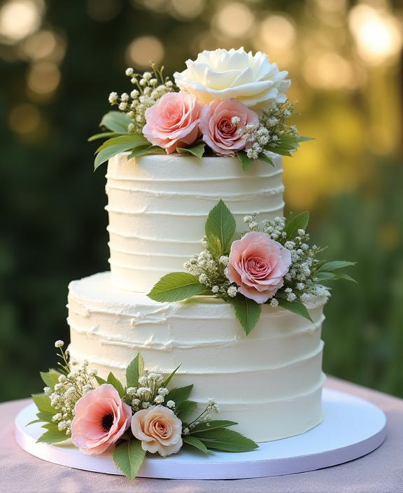 A three-tier rustic wedding cake with fresh flowers